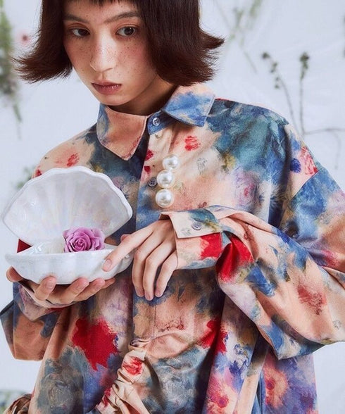 Watercolor Floral Drawstring Shirt Dress